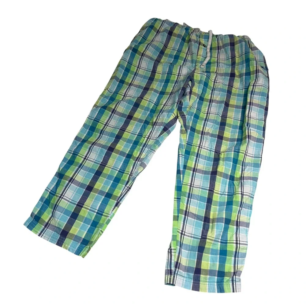 Tommy Bahama Mens XL Pajama Pants Green Blue Plaid Cotton Lounge Sleepwear 2479